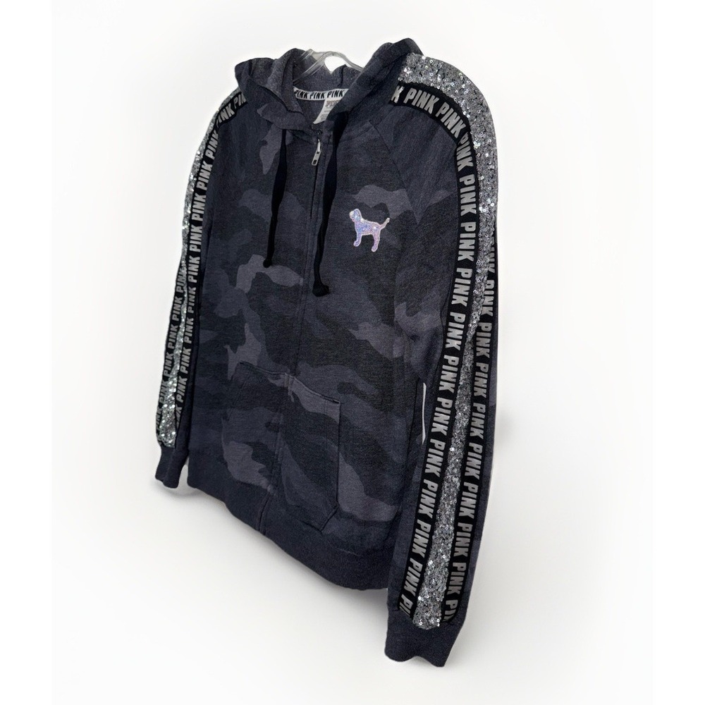 PINK Victoria's Secret Camo Sequin Full Zip Hoodie Womens Small Y2K Bling Dog - Picture 2 of 8